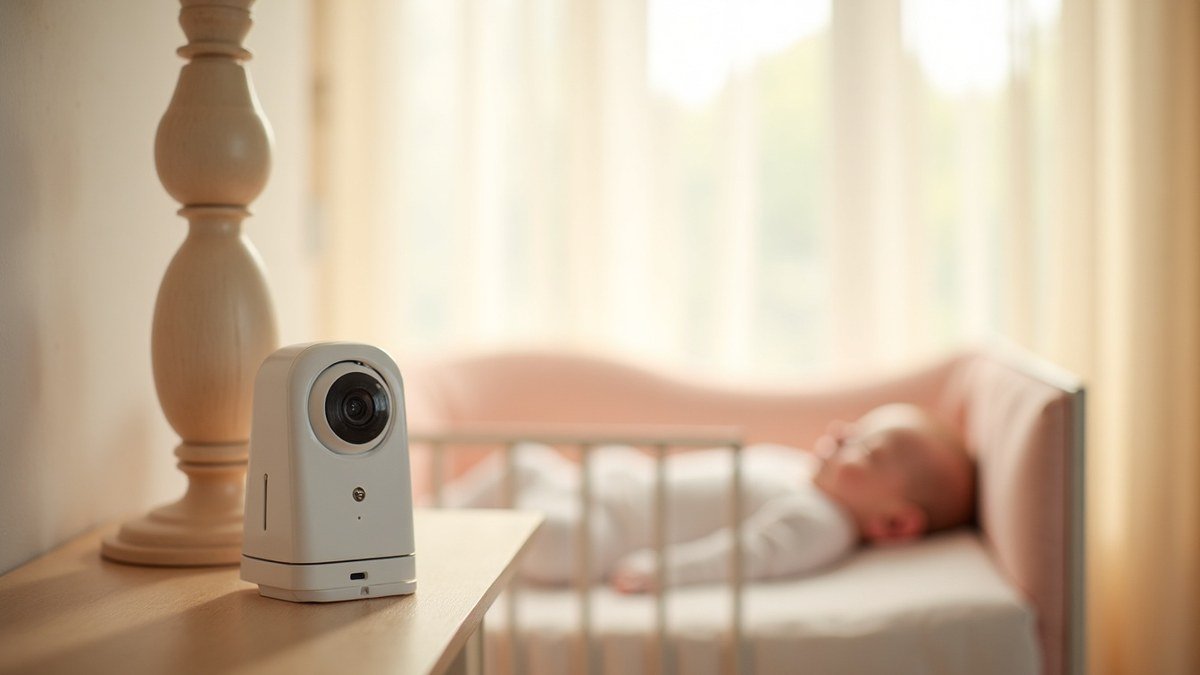 Baby monitor camera on a nursery shelf with a sleeping baby in a crib in the background