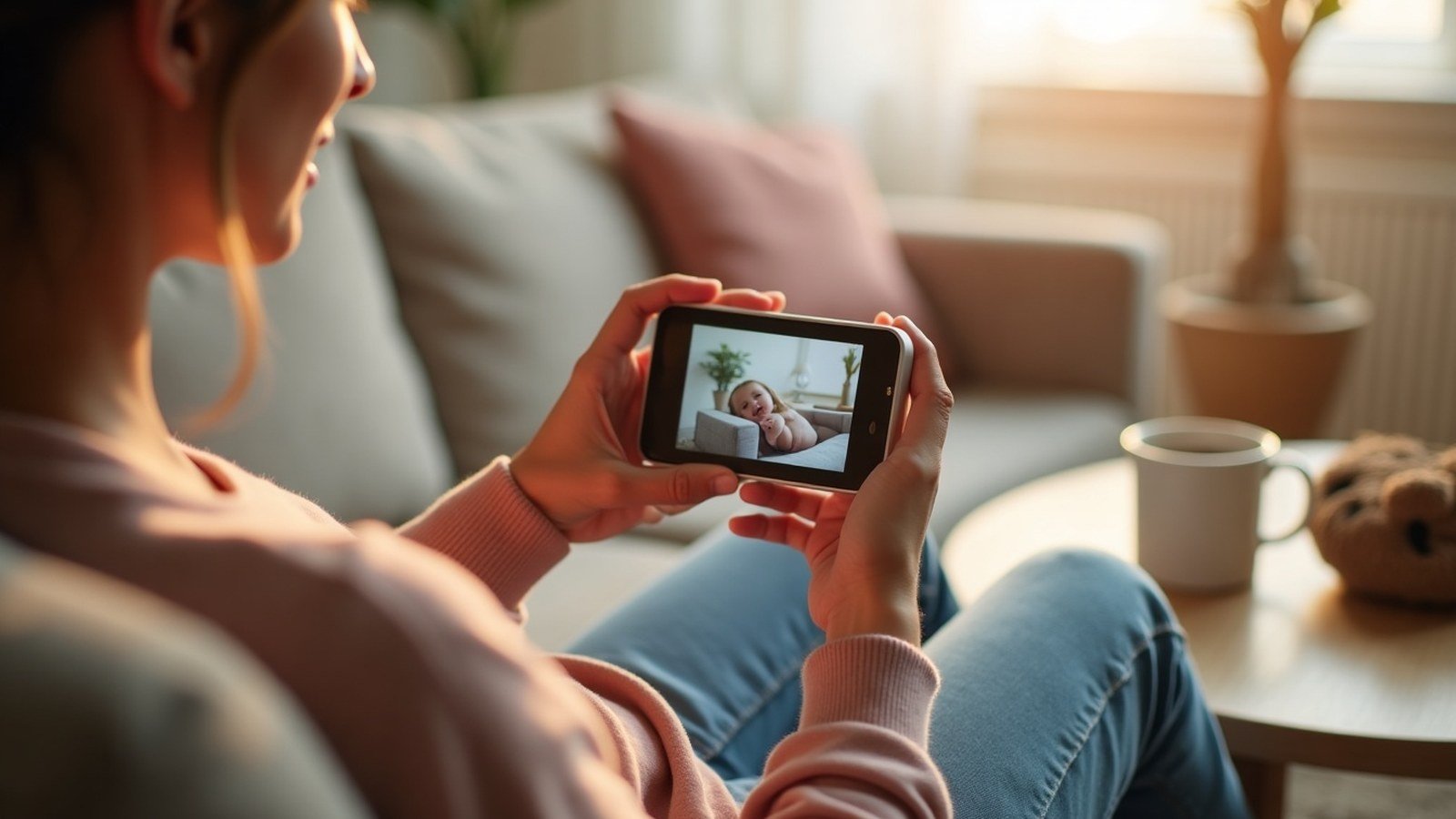 Parent relaxing on a couch while checking a handheld baby monitor screen