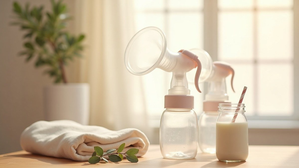 Soft flat lay of breast pump parts, bottles, and a muslin cloth on a warm wooden surface