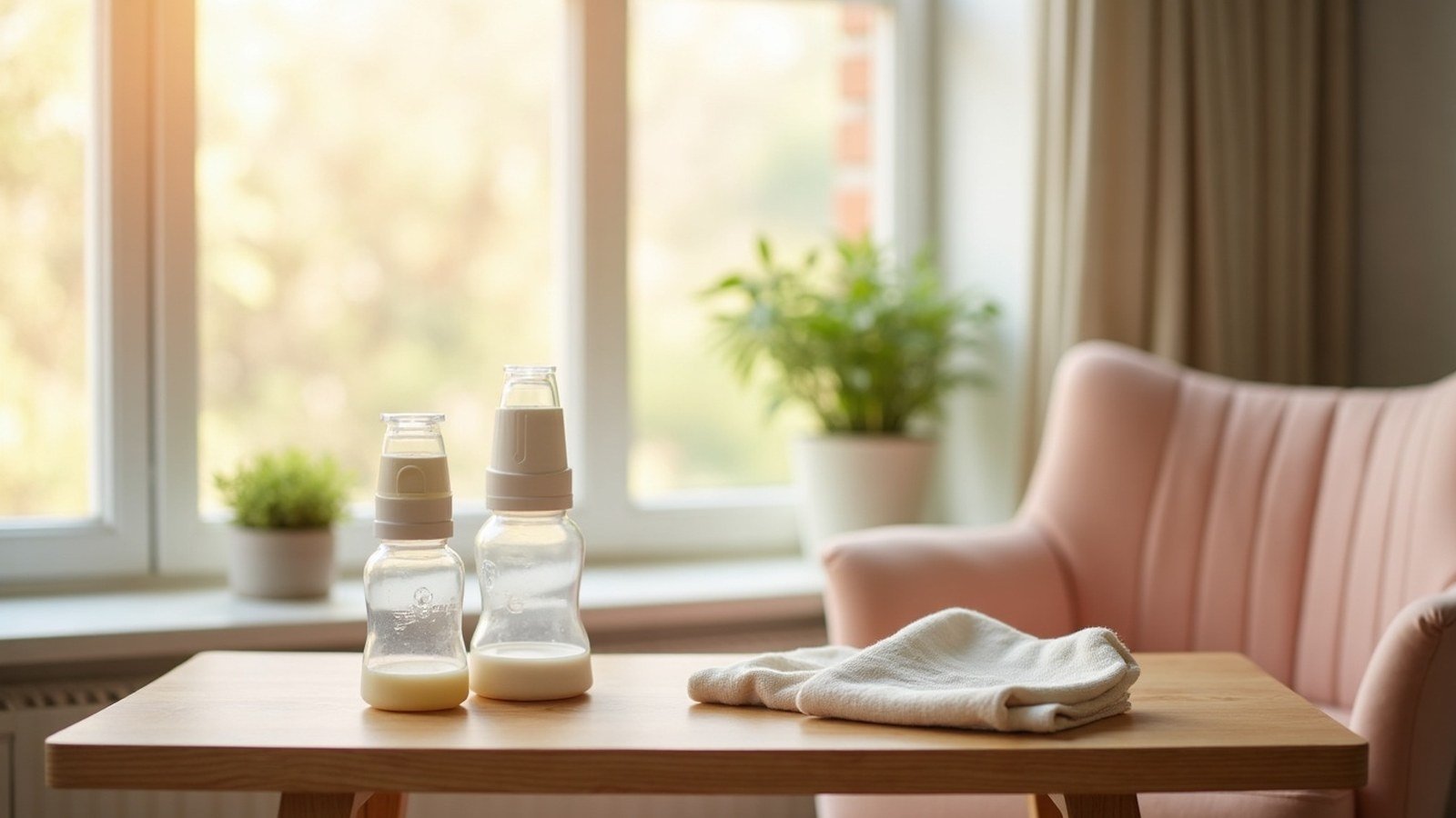 Mother relaxing in a sunlit nursery chair with a pump and bottle on a nearby table