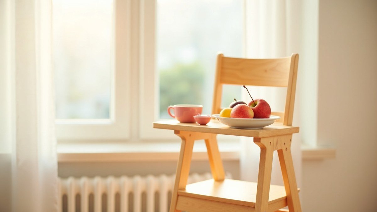 Wooden high chair beside a sunny kitchen window with a bowl of soft fruit on the tray