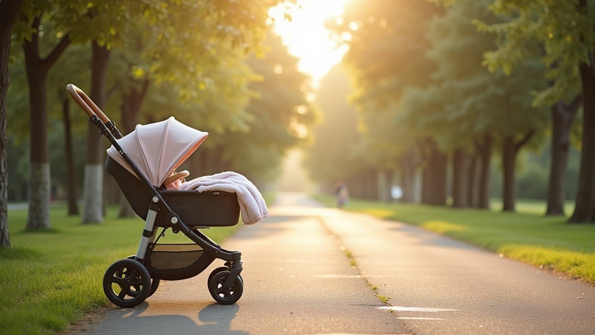 Newborn stroller with a fully reclined lie-flat seat on a sunny park path