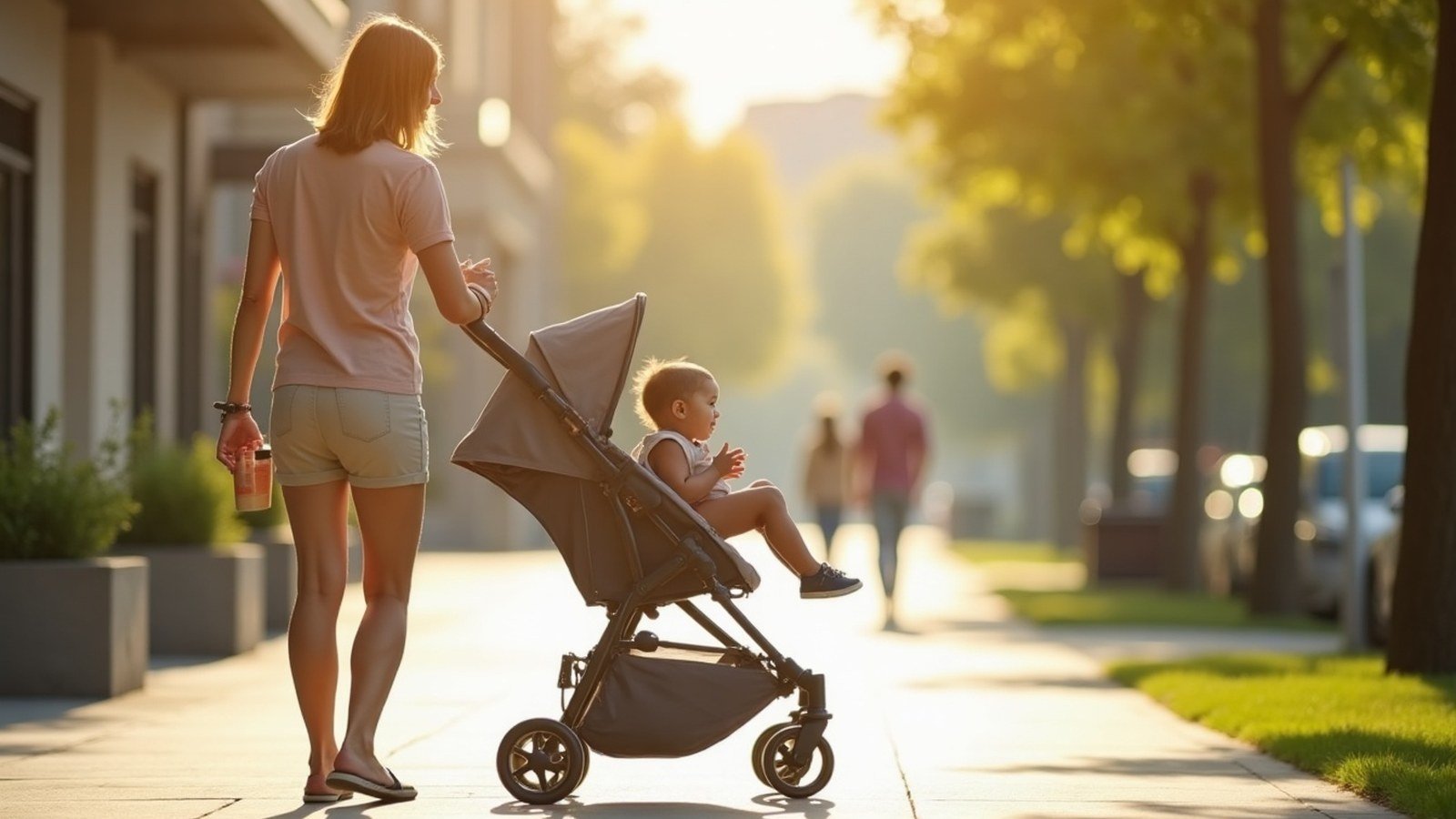 Parent pushing a newborn stroller one-handed on a sunny walk