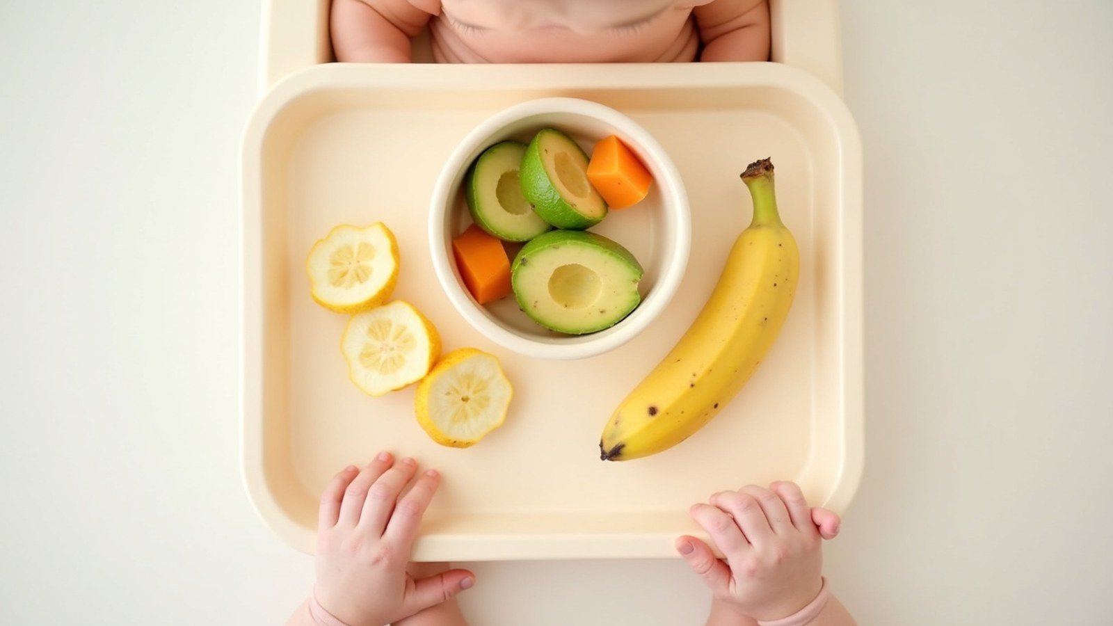 Baby in a high chair exploring soft first foods and purees on the tray