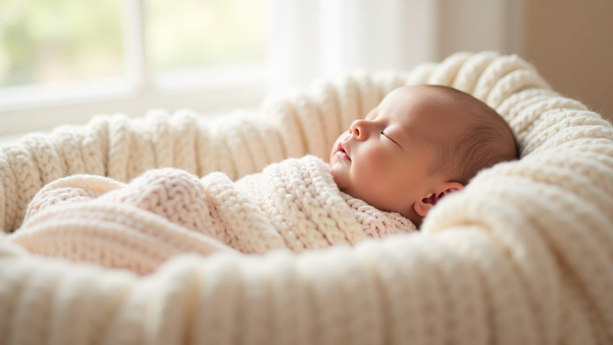 Swaddled newborn sleeping on their back in a soft, bright nursery bassinet