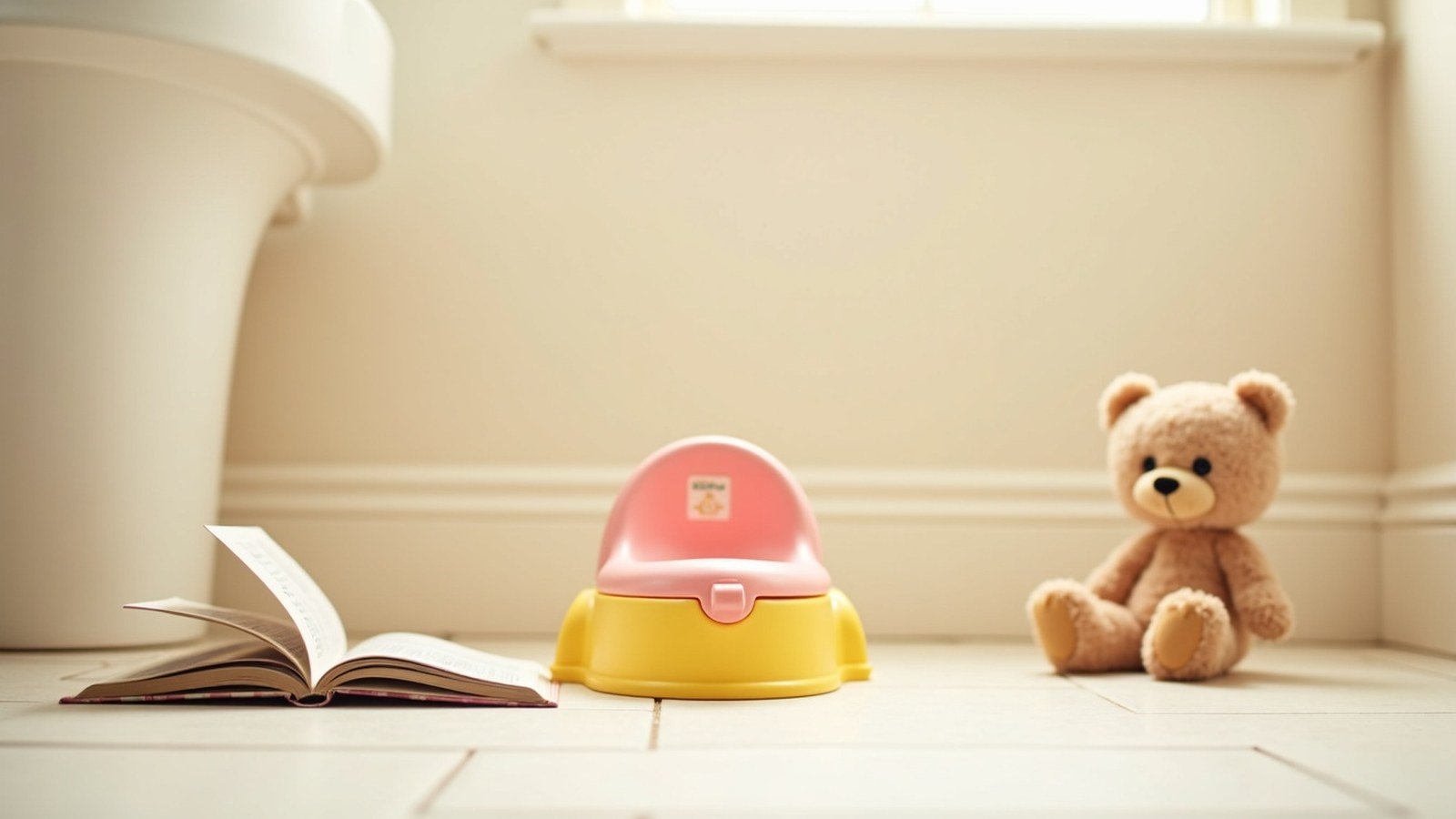 Toddler sitting on a potty looking at a book in a sunny bathroom