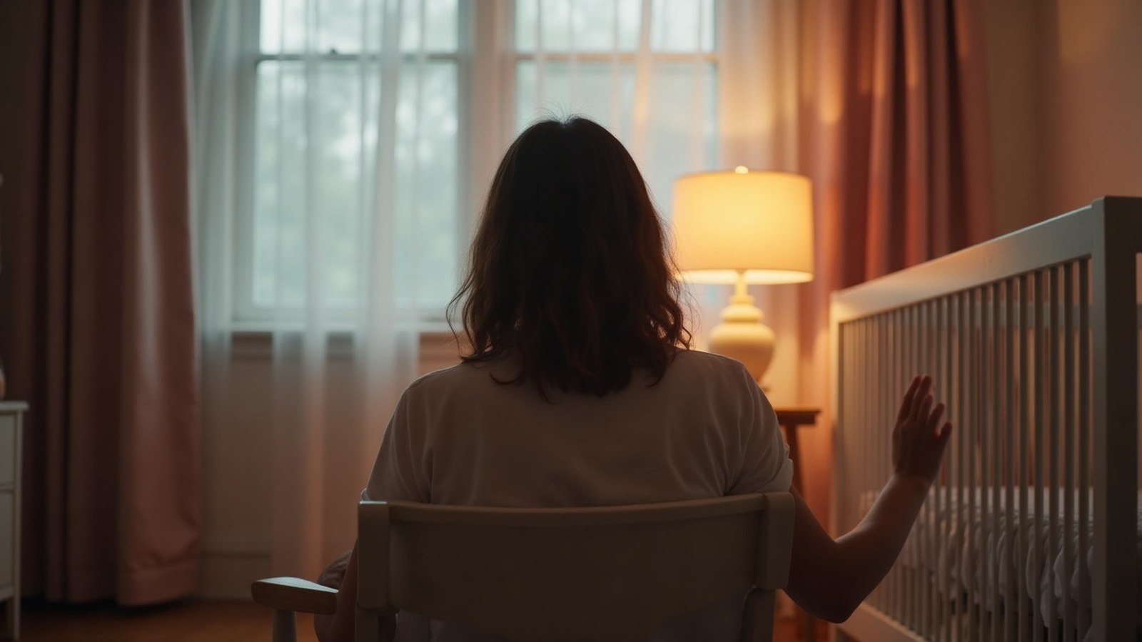 Parent sitting calmly in a chair next to a crib during a gentle sleep training session